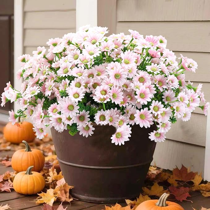 10pcs Outdoors Artificial Mum Flowers UV Resistant Daisy Fake Silk Chrysanthemum Greenery Faux Eucalyptus Plants for Spring Summer Garden Patio Window Box Planter Home Decor(Pink)