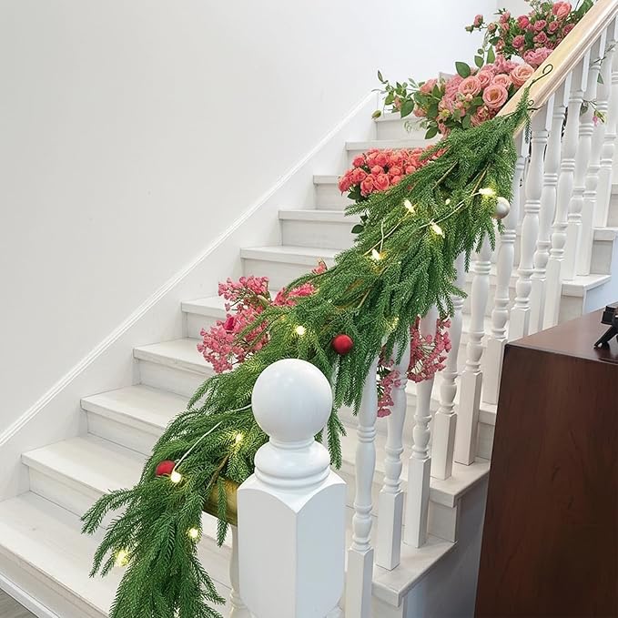 Christmas Garland 6FT Norfolk Pine, Real Touch Artificial Pine Garland for Christmas Decorations, Faux Greenery for Indoor and Outdoor Christmas Decorations