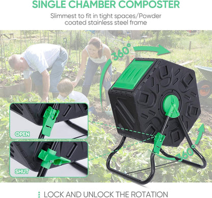 F2C 18.5 Gallon Compost Tumbler Compost Bin All-Season Outdoor BPA Free Single Rotating Chamber Composters w/ 2 Sliding Doors and Solid Steel Frame