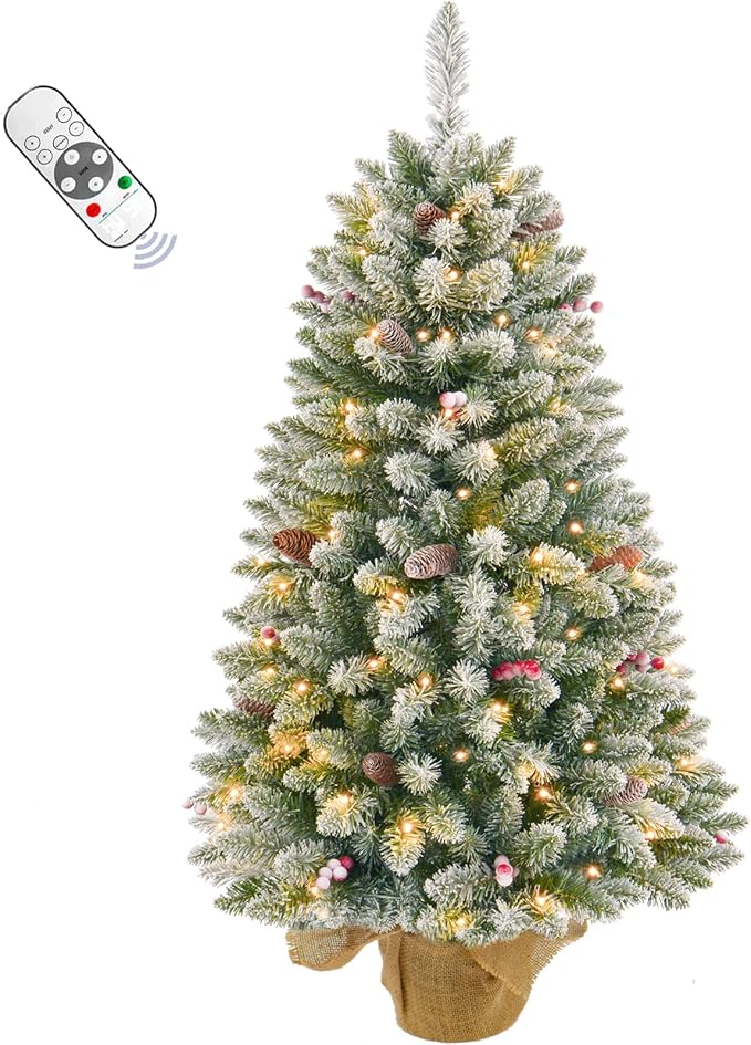3FT Pre-lit Small Mini Snow Flocked Christmas Tree with Warm White Multi-Color LED Lights, Remote Control and Timer, Perfect for Tabletop Decorations, Home, Kitchen, Dining Table top