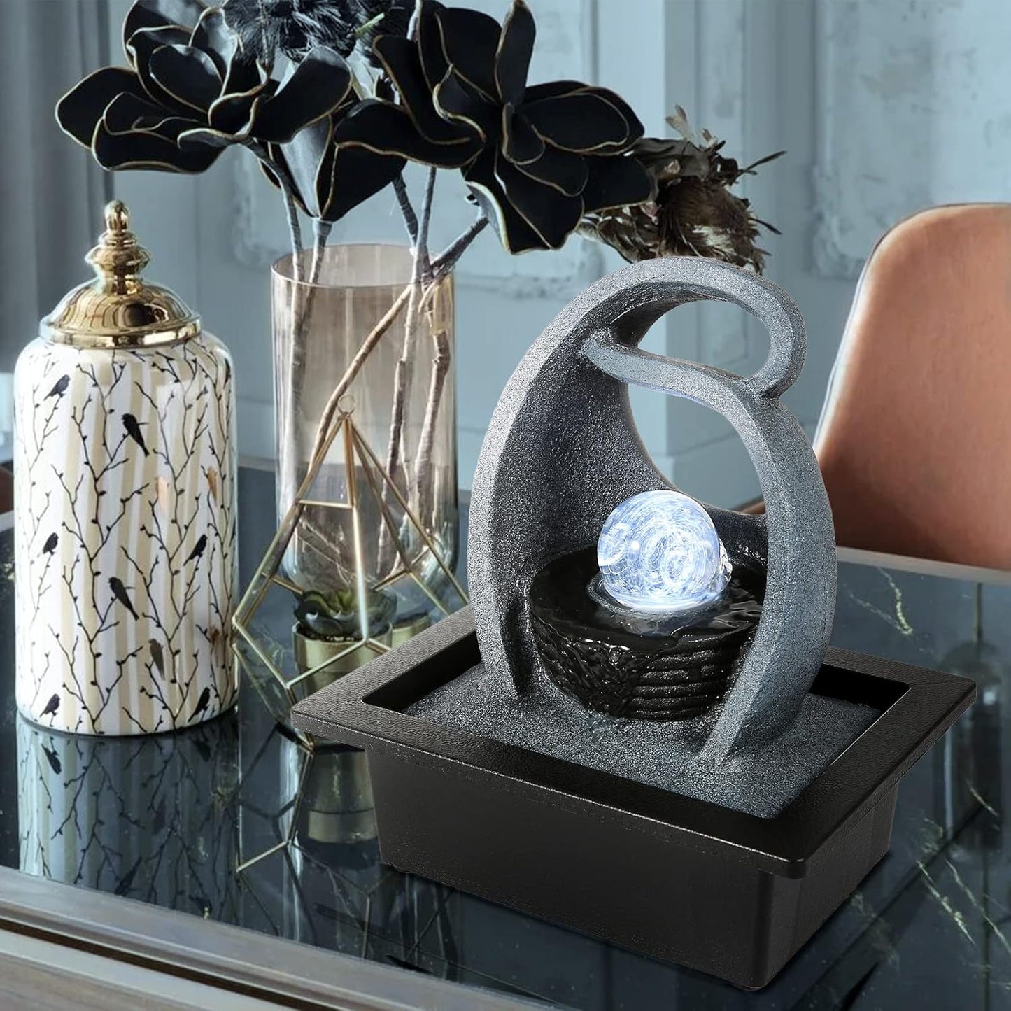WICHEMI Water Fountains Indoor Waterfall Fountain Tabletop Fountain with LED Rolling Ball Water Feature Indoor Zen Meditation for Home and Office Indoor Spaces Decor (Style 18)
