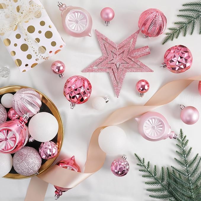 XmasExp 99-Pack Christmas Ball Ornaments Assorted Shatterproof Christmas Tree Decorations with Hand-held Gift Package for Xmas Tree,Home,Party(Baby Pink)