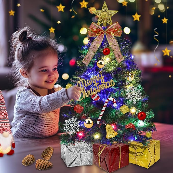 Dual Color Change&Remote Control 24 Inch/2FT Tabletop Christmas Tree with Lights Timer, 20 Warm White&Colored Lights 8 Modes 27 Orantments Star Boxes Mini Small Christmas Tree Xmas Home Party Decor