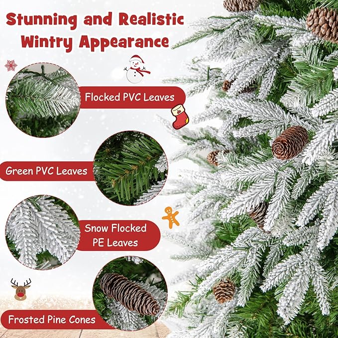 Goplus 6 FT Pre-Lit Artificial Christmas Tree, Snow Flocked Hinged Xmas Tree with 280 Warm-White LED Lights, 765 Tips, 62 Pine Cones, Lighted Xmas Tree for Office Home Decoration