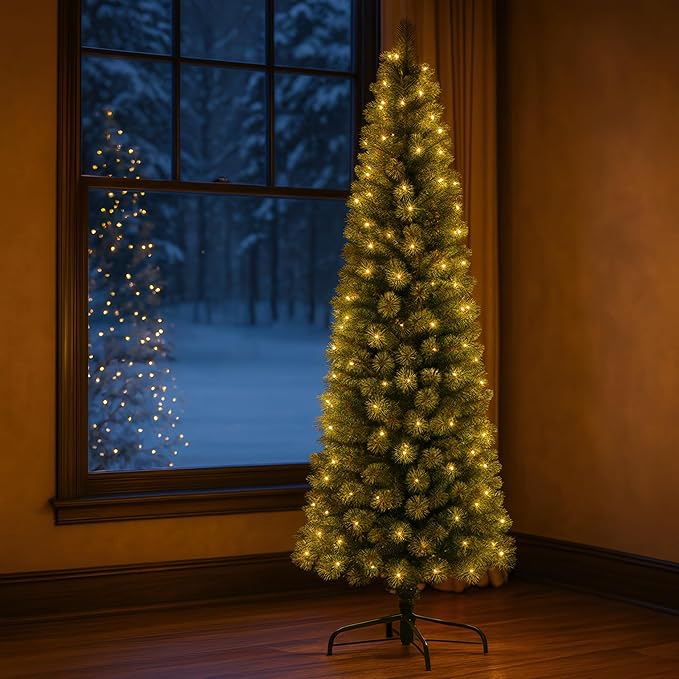 6ft Pencil Christmas Tree with Lights – Pre-Lit Slim Christmas Tree with 250 Warm White LEDs, 299 Tips Brockton Cashmere Pine, Hinged Branches, Slim Tree for Small Spaces