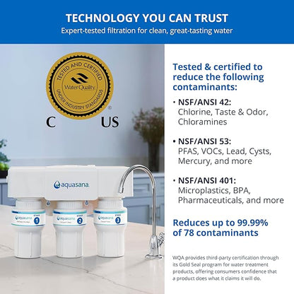 Aquasana Under Sink Water Filter | 3-Stage Filtration | Certified to Reduce up to 99.99% of PFAS, Lead, Chlorine, & More | Under Counter Drinking Water Filter | Brushed Nickel Faucet | AQ-6300-BN