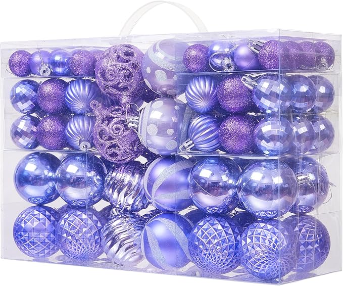 100PCS Christmas Ball Ornaments, Assorted Shatterproof Christmas Tree Decorations, Seasonal Decorative Hanging Baubles Decor Set for Xmas/Holiday/Party, Glitter&Painting Ornament Set (Lavender Purple)