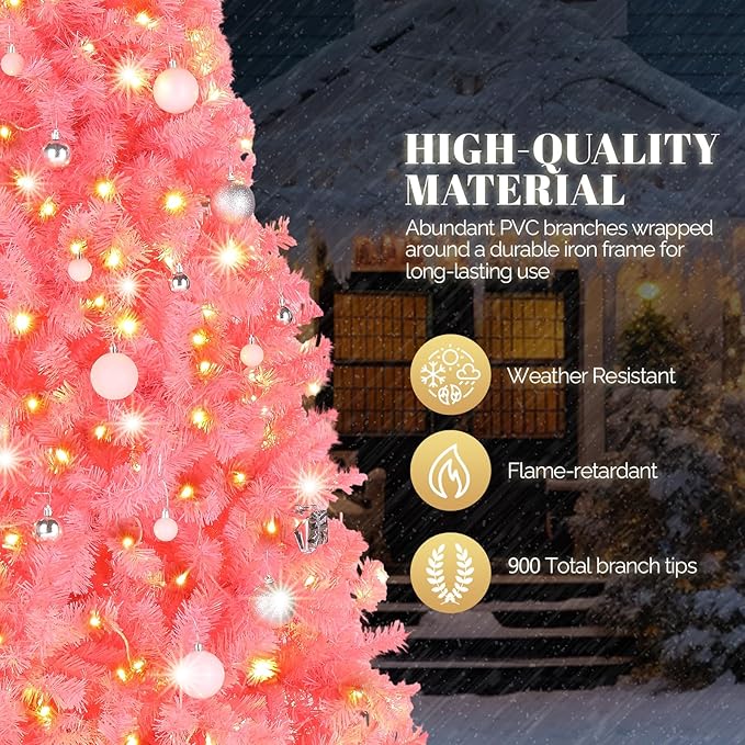 VINGLI 6ft Pink Pre-lit Artificial Christmas Pine Tree with 250 Warm White Lights, Xmas Tree Holiday Party Decorations with Sturdy Metal Stand, Full 900 Tips Branch, 8 Color Modes
