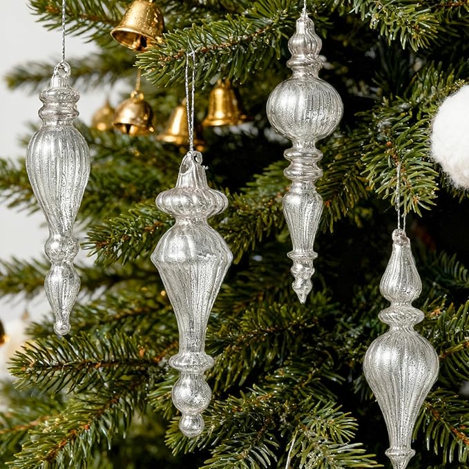 DN DECONATION Mercury Glass Finial Christmas Ornaments, Large Hanging Teardrop Ornament, Shiny Ball Ornaments for Xmas Tree, Winter Wedding, Party, Holiday Home (4-Pieces, Silver)