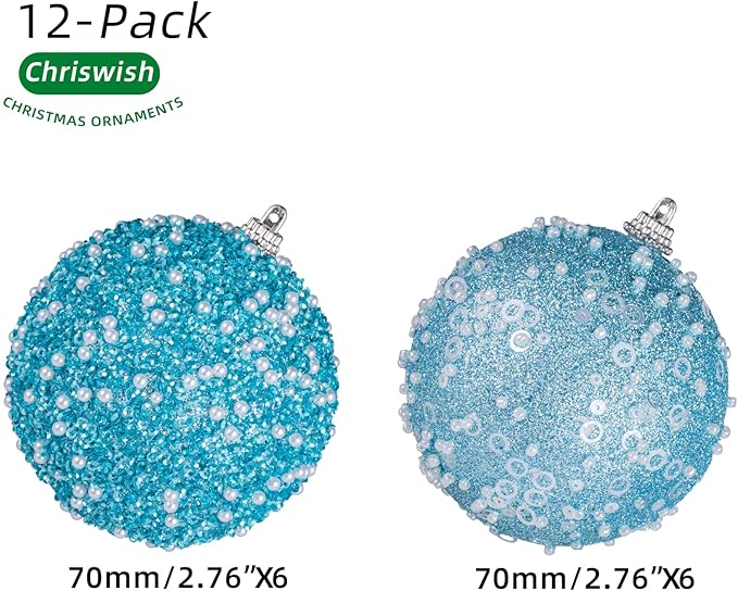 12CT Christmas Ball Ornaments, Baby Blue Christmas Ball Decorations Shatterproof Plastic Hanging Pearl Balls for Holiday Party(70mm/2.76")