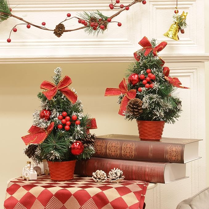 4 Pack 12 Inch Mini Christmas Trees with Lights Table Top Christmas Tree for Office in Basket Base Snowy Red Bows Berries Christmas Decorations Miniature Christmas Tree Tabletop Desk Home Decor