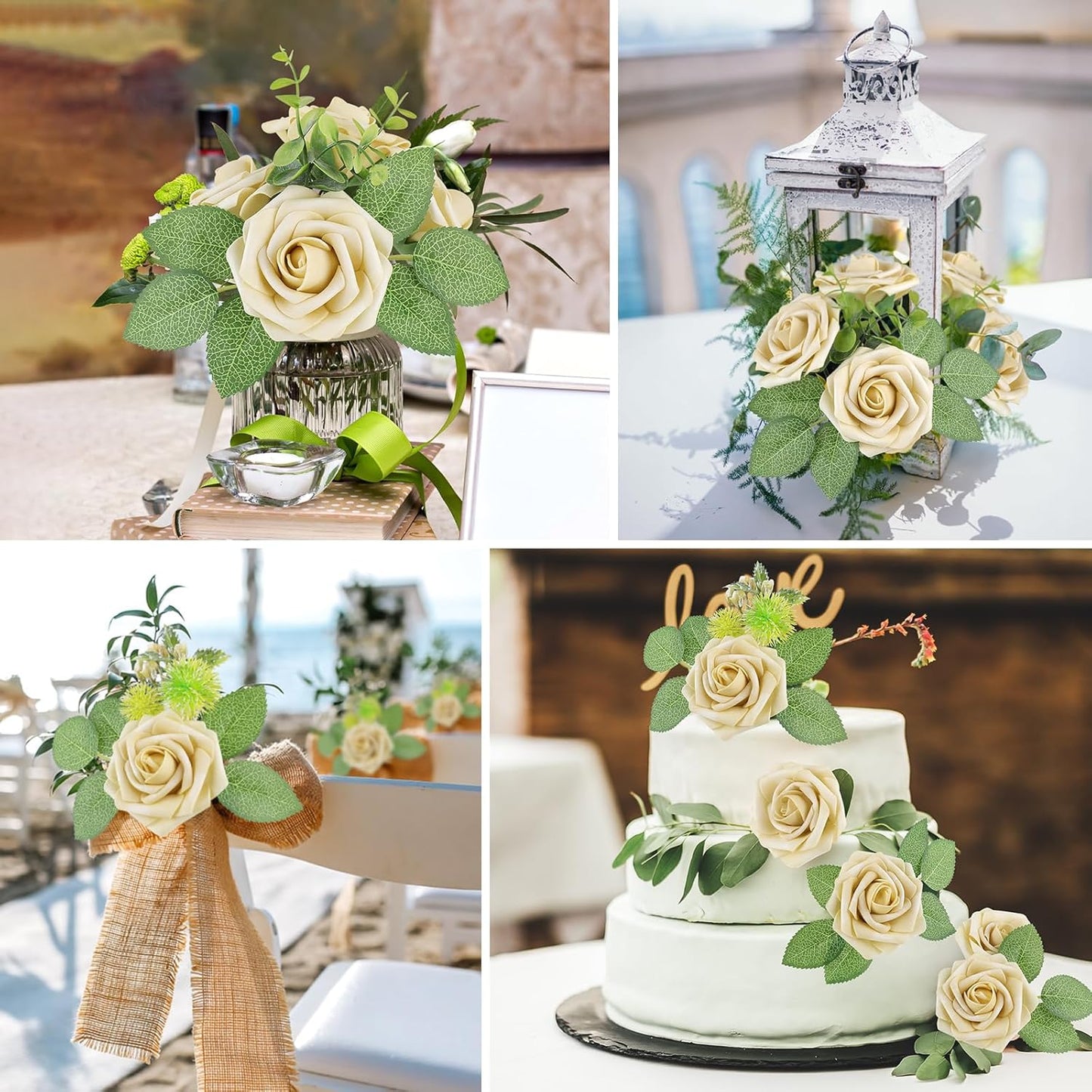 AmyHomie 25pcs Real Looking Artificial Beige Roses w/Stem for DIY Wedding Bouquets Centerpieces Arrangements Party Baby Shower Home Decorations