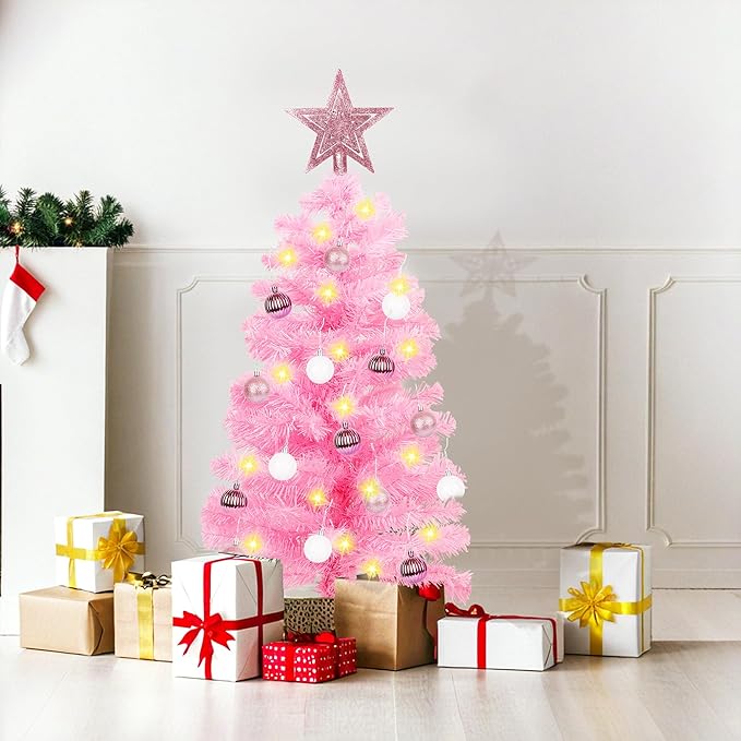 3 Ft Premium Pink Christmas Tree with Lights, Battery Operated Timer 8 Modes 50 Warm White Lights Small Artifical Full Christmas Tree for Tabletop Home Office Indoor Outdoor Xmas Holiday Decorations