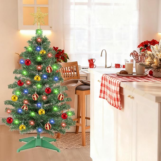 [ 12 Modes & Timer ] 3 Ft Green Small Christmas Tree with 50 LED Lights, 15 Ball Ornaments 3D Star Battery Operated Prelit Christmas Tree Indoor Home Fireplace Holiday Xmas Christmas Decorations