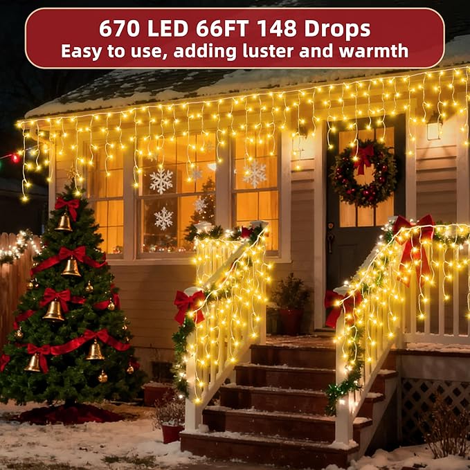 670 LED 66ft Christmas Lights with 148 Drops, 12 Lighting Modes Warm White Christmas Decoration Twinkling Lights Dimmable, Timer Outdoor Waterproof Fairy Lights for Indoor Garden House Eaves Roof