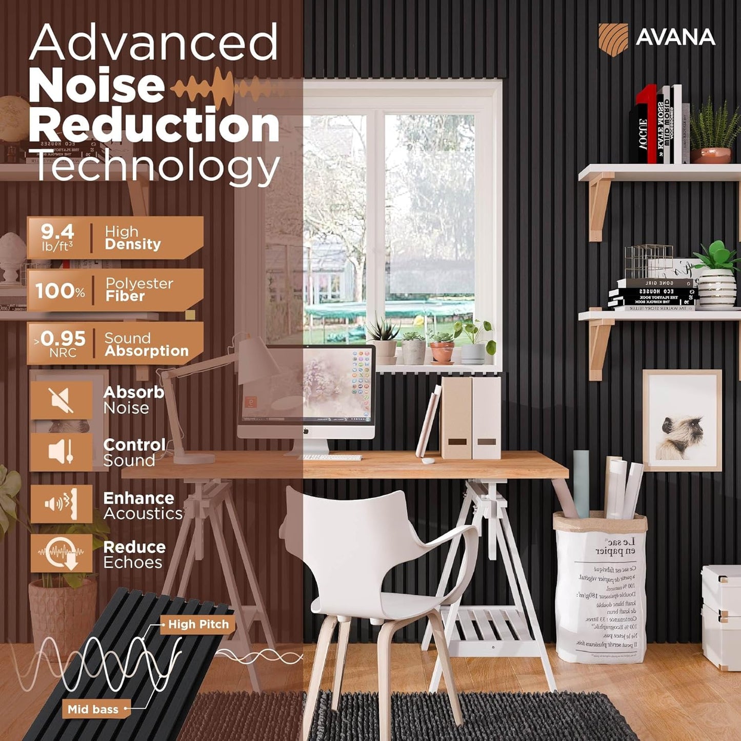 Avana Acoustic Wood Wall Panels – 94.4 x 12.6 Inch Black Oak Acoustic Panels 4 PCs – Wall Panels For Interior Wall Decor For Homes, Offices, Studios – Pleasing Decorative Wood Panels For Wall