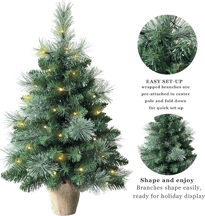 2ft Pre-lit Mini Artificial Christmas Tree,68 PVC Branches Tips & 17 Flowering Pine Needles & LED String Lights & Burlap Wrapped Base,Battery Operated Green Xmas Tree for Tabletop