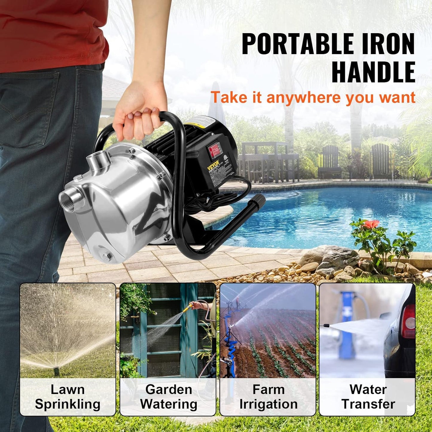 VEVOR 1.1 HP Portable Shallow Well Pump, 978 GPH Garden Jet Pump, 115V, 131 ft Height, Stainless Steel Sprinkler Booster Pumps for Garden Lawn Irrigation system, Lake Fountain, Water Transfer