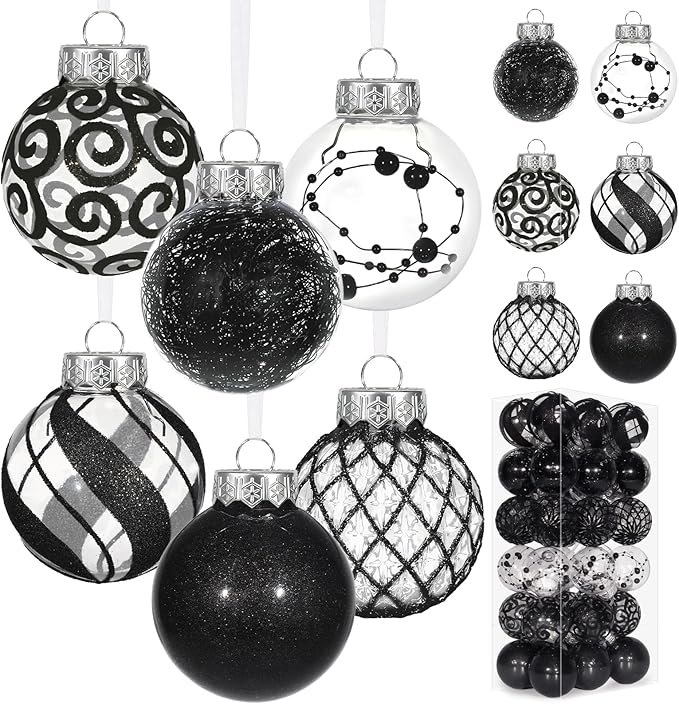 Ouddy Decor 36 Pcs Clear Christmas Ball Ornaments, 2.36" Shatterproof Black Plastic Christmas Ornaments Set Decorative Hanging Transparent Baubles for Xmas Tree Holiday Party Decor, Black