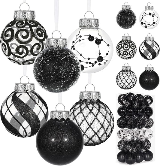 Ouddy Decor 36 Pcs Clear Christmas Ball Ornaments, 2.36" Shatterproof Black Plastic Christmas Ornaments Set Decorative Hanging Transparent Baubles for Xmas Tree Holiday Party Decor, Black