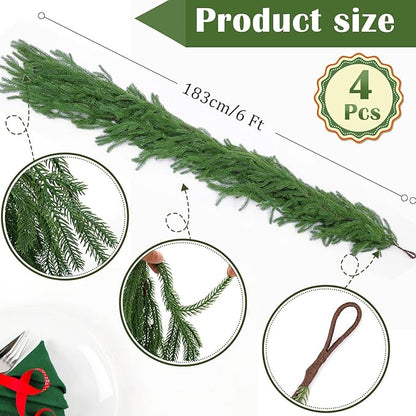 Hananona 4 Pcs 6 Ft Artificial Norfolk Pine Garlands, Real Touch Winter Pine Garland, Green Artificial Greenery Garland for Table, Mantle, Wall, Indoor, Outdoor Christmas Decorations (4, 6 FT)