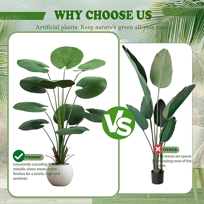 Artificial Fan Palm Tree 5FT Fake Tree Round Leaf Fake Palm Plant, Faux Tropical Areca Floor Plant with Planter, Artificial Silk Plants for Indoor Outdoor Home Office Bedroom Living Room Decor