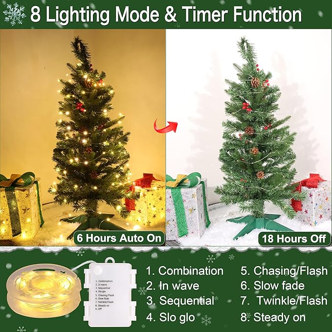 3 Ft Green Christmas Tree with Lights, Timer 8 Modes DIY 50 Warm White Lights Battery Operated Small Artifical Full Xmas Tree Pine Needles Cones Red Berry for Tabletop Home Indoor Holiday Party Decor