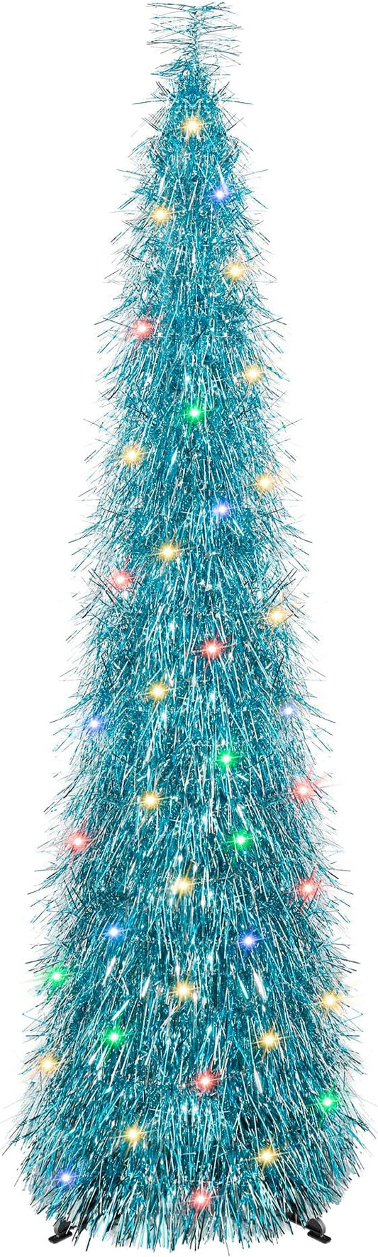 5FT Christmas Trees with 90 Lights, Collapsible Artificial Sequin Pop Up Christmas Tree, Tinsel Slim Pencil Christmas Tree for Home Holiday Fireplace Party Indoor Outdoor Xmas Decorations