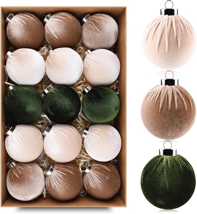 Christmas Tree Ornaments Velvet Balls - Pack of 15pcs Shatterproof Xmas Bulbs Decorations Set - Multicolor Green Brown Neutral, 80mm 3.15 inch