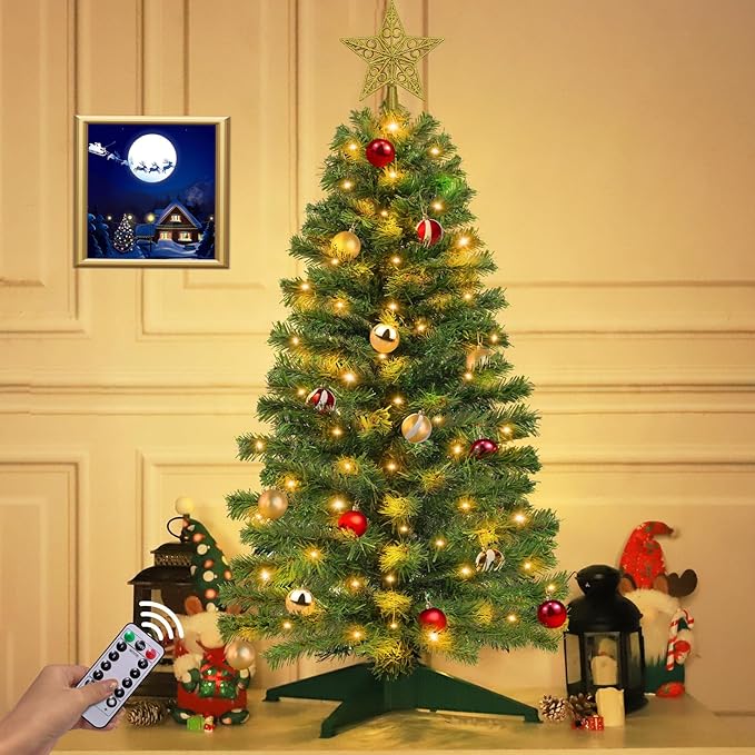 TURNMEON Remote Control 8 Modes 3 Ft Christmas Tree with Lights Timer 15 DIY Ball Ornament 50 Warm Light Battery Operated Artificial Pencil Small Tinsel Xmas Tree Holiday Decorations Home Indoor Table