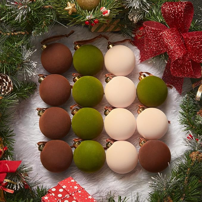 Brightown 15 Pcs Red Velvet Christmas Balls, 3.15 Inch Beige Green Brown Velvet Ornaments for Christmas Tree, Christma Tree Flocked Ornaments Balls for Holiday Wedding Party Xmas Hanging Decoration