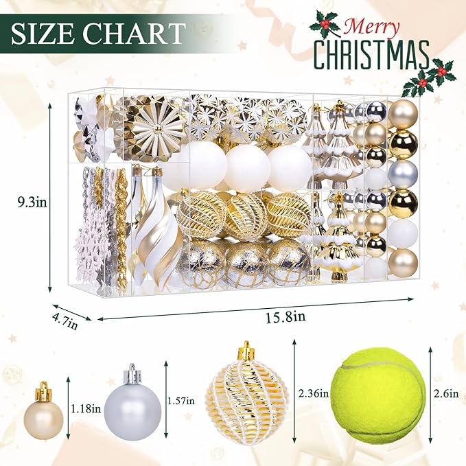 108 Pcs Christmas Ball Ornaments Set, Champagne Gold and White Shatterproof Hand-Painted Hanging Bulbs Decoration for Xmas Tree, Wreath, Garland, Home Holiday Decor