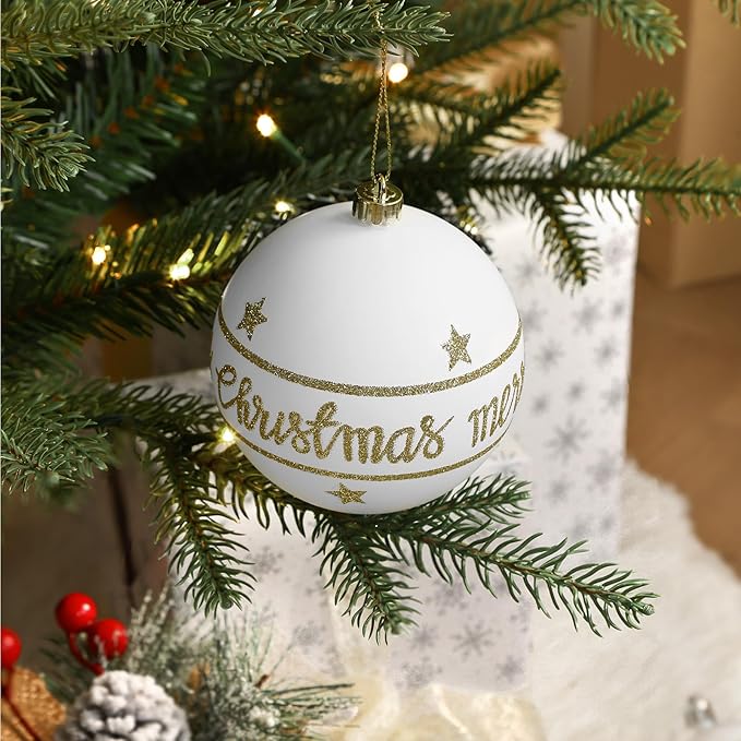 SHareconn 100MM/4 Inch 9PCS Large Christmas Balls Ornaments, Shatterproof Plastic Hanging Big Baubles Set for Xmas Tree Decoration Holiday Party Wedding Decorations with Hook,Gold and White