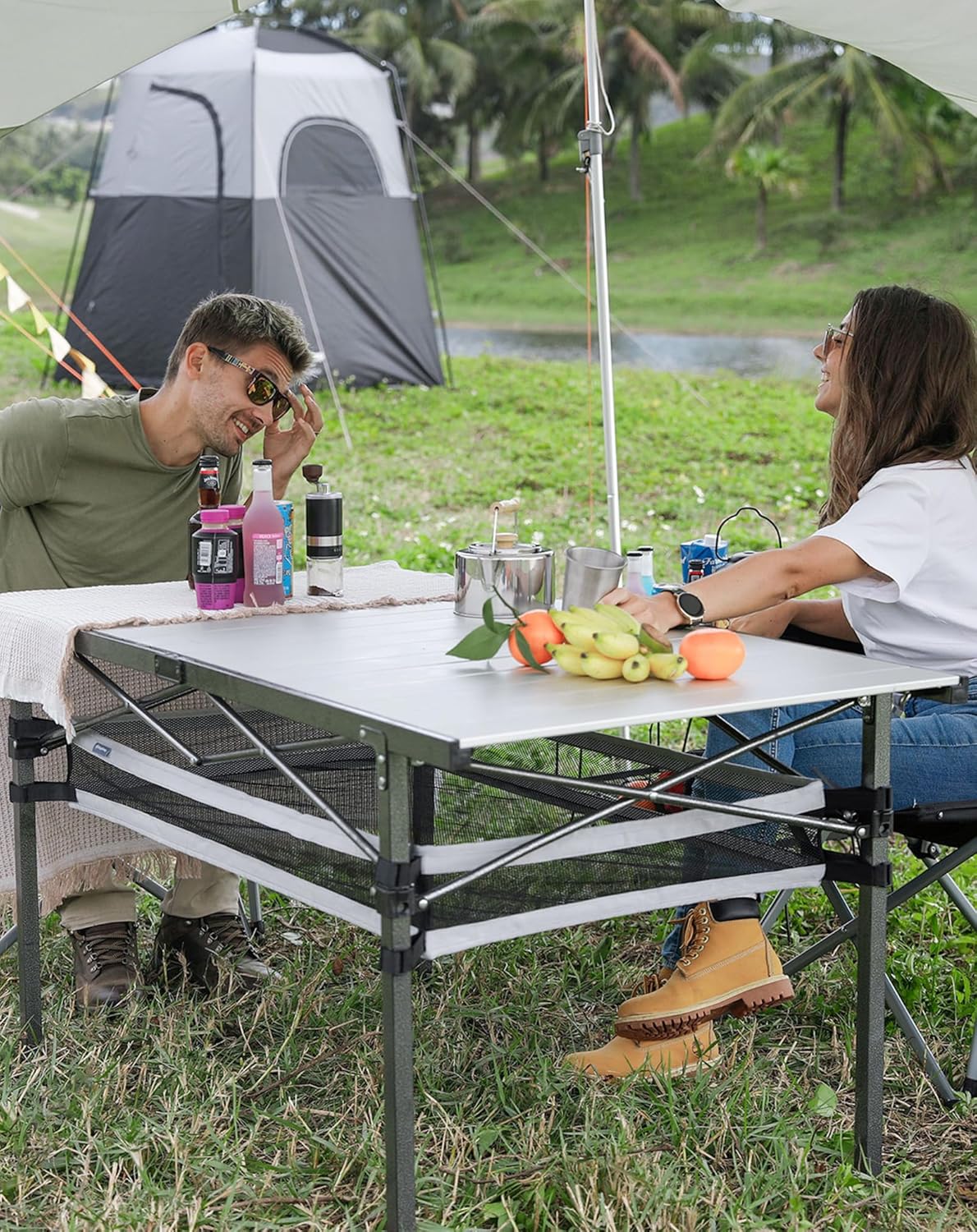 KingCamp Folding Camping Table, Aluminum Roll-Up Camp Table, Large Foldable Table for 6-8 Person, Outdoor Portable Tables with Carry Bag, 180 LBS Heavy Duty Load (Silver+Mesh：53.5"x27.5")