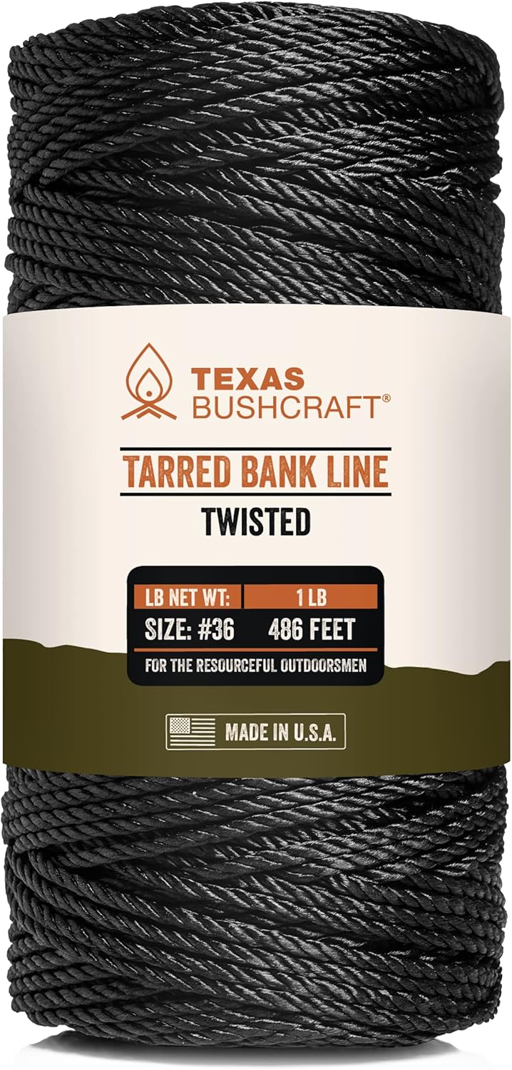 Texas Bushcraft Tarred Bank Line Twine - #36 Black Nylon String for Fishing, Camping and Outdoor Survival – Strong, Weather Resistant Bankline Cordage for Trotline