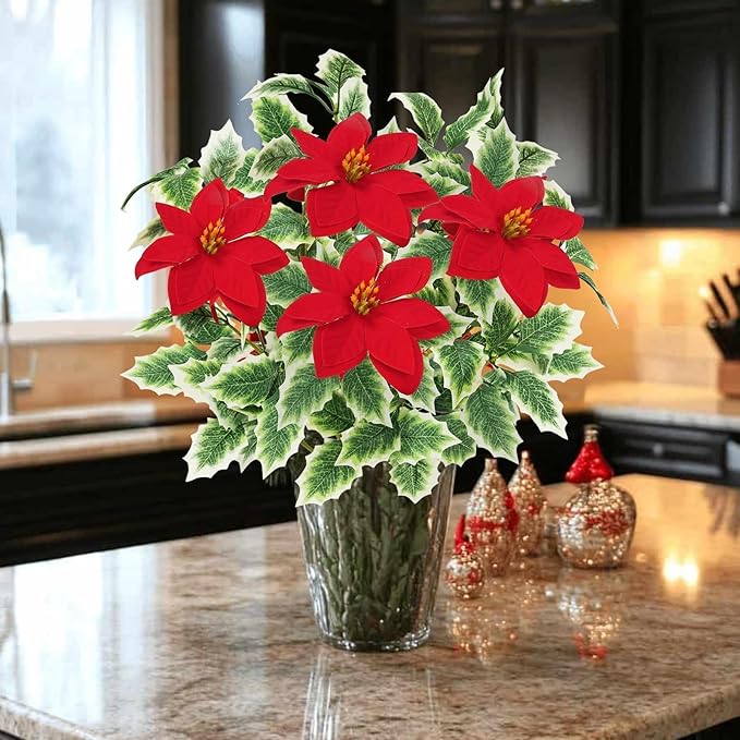 HUAESIN 4pcs Poinsettia Flowers Artificial Christmas Cemetery Flowers with Holly Leaves Faux Red Velvet Poinsettia Indoor Outdoor Long Stem Floal Arrangment for Crafts Vase Table Home Decor