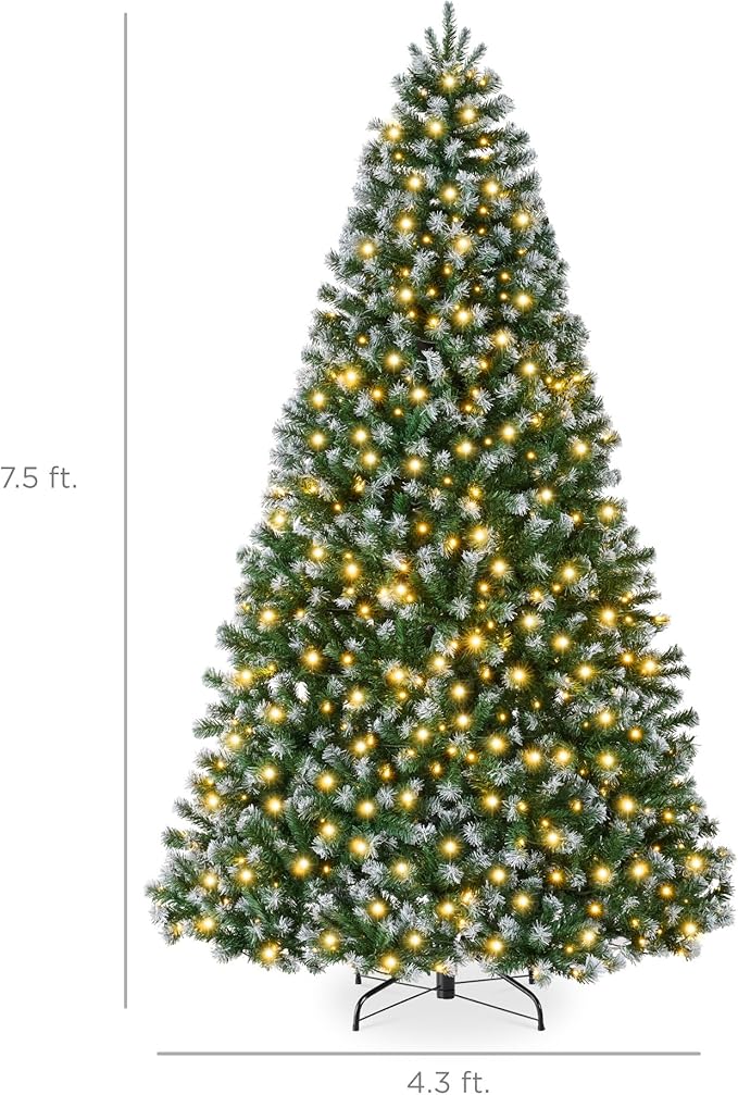 Best Choice Products Artificial Frosted Christmas Tree, 7.5ft Premium Pre-Lit Realistic Spruce Holiday Décor w/Dense Branches, Metal Base – Green Spruce