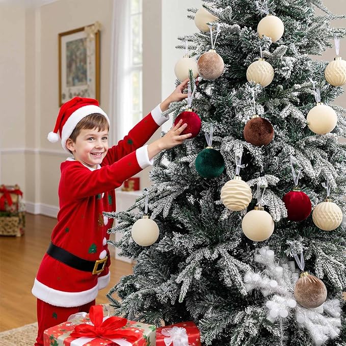 Festiva Christmas Tree Ornaments Velvet Balls - 12 Pcs Cream Shatterproof Christmas Tree Ornaments Velvet Balls, for Xmas Wedding Party Holiday Decorations (Gift Box)