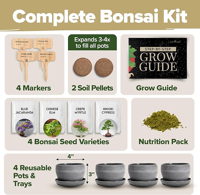 HOME GROWN Bonsai Tree Kit – Grow 4 Bonsai Types Indoors with Complete Starter Kit Including Pots Peat Pellets and Bonus Grow Guide – Unique Gardening Gift for Men Women Beginners