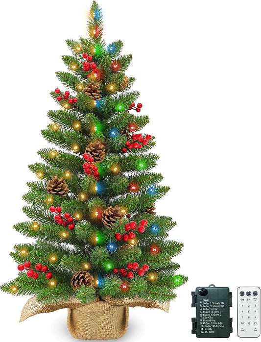 12 Modes & Remote Control - 3 Ft Christmas Tree, Artificial Tabletop Small Christmas Tree Timer 50 Warm White & Multicolored Lights Pine Cones Red Berried Classics Branch Xmas Tree Home Table Decor