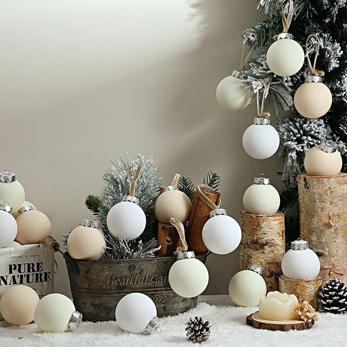 24 Pcs Neutral Matte Christmas Ball Ornaments 2.4 Inch Rustic Boho White Cream Beige Xmas Bulbs Ornament Vintage Xmas Baubles Modern Christmas Decor for Tree Farmhouse Holiday Decor