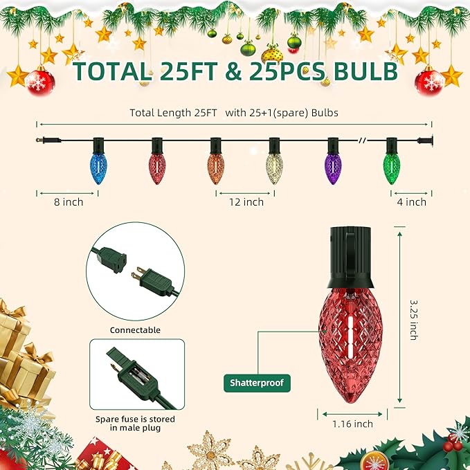 25Ft Christmas Lights Outdoor, C9 Multicolor Christmas Lights with 25 Colored LED Bulbs, Waterproof Connectable for Holiday, Xmas, Roofline, Wedding, Christmas Tree Decoration - Green Wire