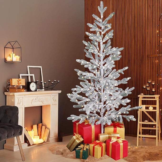 VINGLI 6ft Lighted Artificial Pine Tree, Flocked Christmas Tree with 550 Warm White Lights, 80 Branches for Indoor Outdoor Christmas Festival Party Decoration (Green)