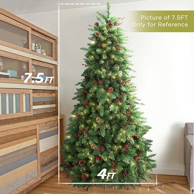 7.5FT Prelit Christmas Tree, Artificial Christmas Tree Pre-Decorated with Pinecones and Berries (600 Clear Warm Lights and Realistic 1520 Thicken Tips, Sturdy Metal Base)