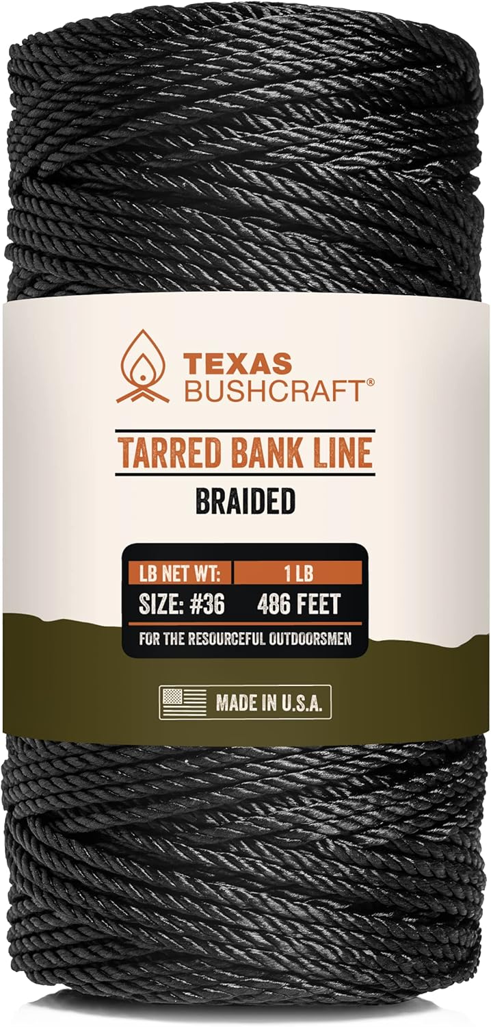 Texas Bushcraft Tarred Bank Line Twine - #36 Black Nylon String for Fishing, Camping and Outdoor Survival – Strong, Weather Resistant Bankline Cordage for Trotline