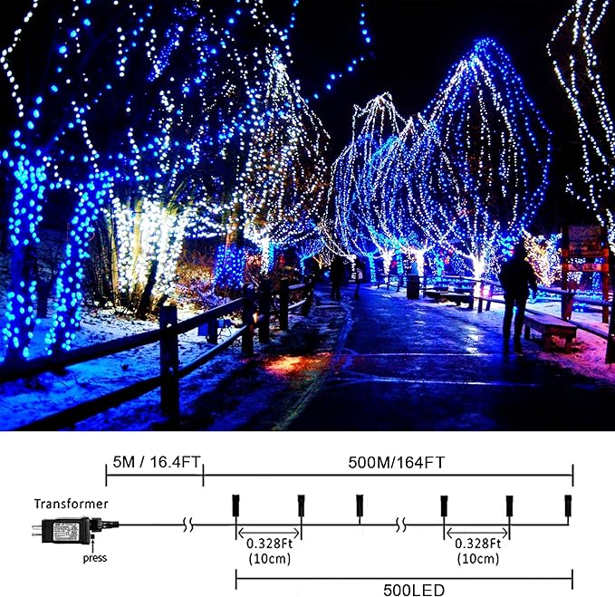 weillsnow 164 FT 500 LED Christmas Lights Outdoor, Waterproof Christmas Fairy Lights with Timer, Plug in Blue White LED String Lights with 8 Modes for Bedroom Wedding Party Xmas Decoration