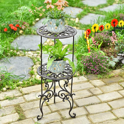 Sungmor Heavy Duty Cast Iron Potted Plant Stand,26-Inch 2 Tiers Metal Planter Rack,Decorative Flower Pot Holder,Vintage & Rustic Style Indoor Outdoor Garden Pots Container Supports