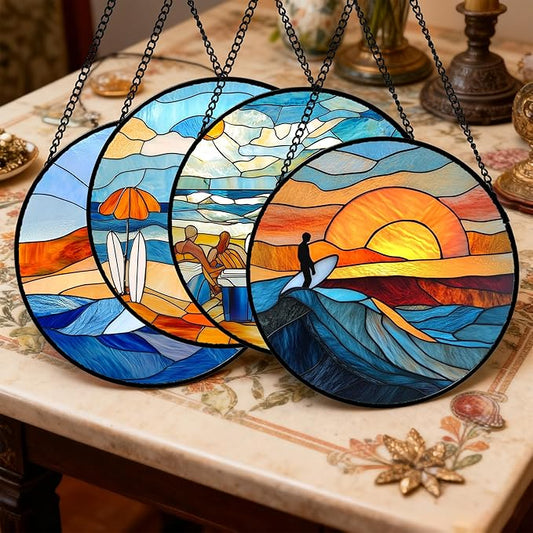 Stained Glass Window Hanging 4 Pcs Set Blue Ocean Surfing Beach 9.8" - Suncatcher Door Garden Sun Catcher Decor Birthday Mother's Day for Firefighte Men Woman Nana Mom