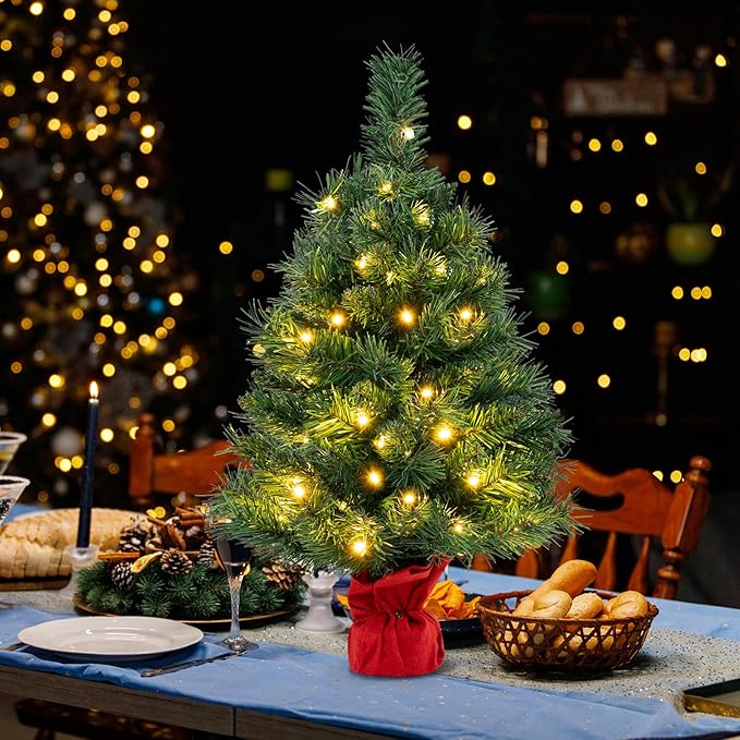HAPPYGRILL 2FT Small Prelit Christmas Tree, Mini Tabletop Battery Operated Artificial Xmas Tree w/35 LED Lights, 71 Tips & Solid Cement Base, Christmas Spruce Fir Decoration for Fireplace Home Office