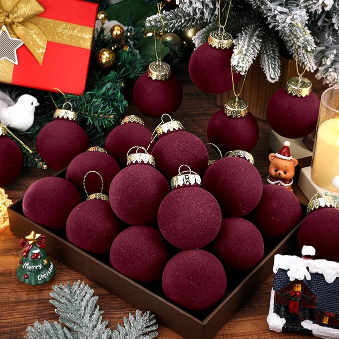 12 Pcs Velvet Christmas Balls Flocked Christmas Tree Hanging Ornaments Shatterproof Plastic Hanging Balls Decorations for Xmas Tree Party Home Holiday Decor (Wine Red, 3.15 inch)